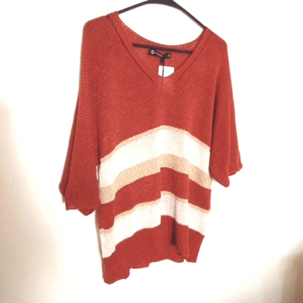 Alchemia Tricot Rust Cream Striped Elbow Sleeve Sweater Gold Thread Women Mediu